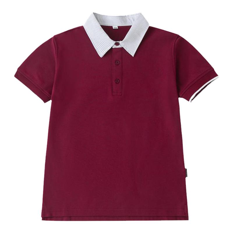 中小学生校服学院风英伦风夏季短袖T恤男女童园服枣红色 翻领上衣