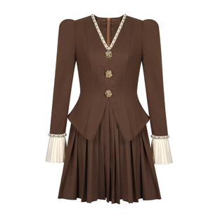 通勤显瘦学院风高腰百褶裙短款小个子拼接假两件V领长袖连衣裙女