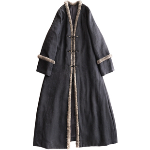 云澍原创35姆米小重缎香云纱水貂毛领盘扣真丝长款棉服外套女冬季