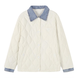 Basic House/百家好简约轻薄牛仔拼接鸭绒羽绒服保暖冬季短款外套