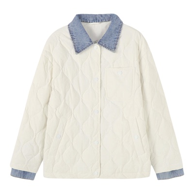 Basic House/百家好简约轻薄牛仔拼接鸭绒羽绒服保暖冬季短款外套