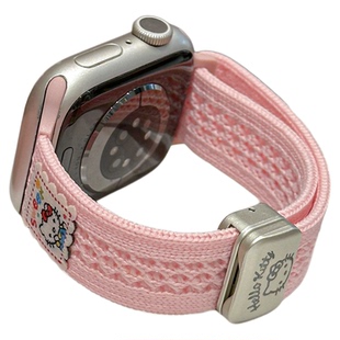 细款KT猫透气针织磁吸扣表带适用applewatch10/9/8/7可爱印花苹果手表S11尼龙回环式iWatch6春夏SE运动腕带女