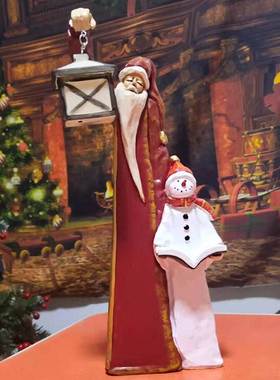 跨境新品圣诞老人和雪人小孩树脂雕塑圣诞礼品工艺品家居装饰提灯