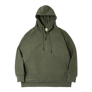 马登工装日系复古军绿色摇粒绒连帽卫衣加绒打底叠穿外套头男秋季