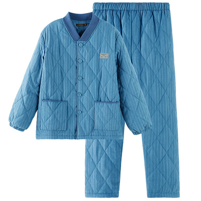 稻草人睡衣男冬季家居服套装三层加绒加厚长袖睡衣夹棉防寒保暖