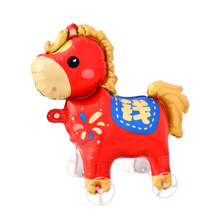 2026新年爆火带轮走路红色小马气球马上有钱寓意春节装饰儿童玩具