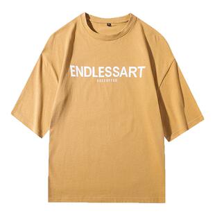 100%全棉短袖T恤男浅黄色胖男生加肥加大码棉质衣服字母印花半袖