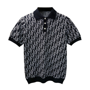 英伦复古翻领t恤针织短袖男 夏季新款轻奢字母提花修身polo衫男款