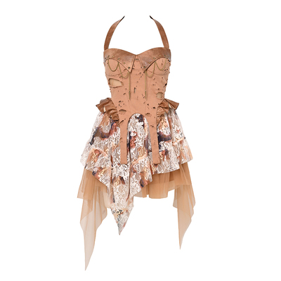 虚轨废土流浪风蕾丝挂脖连衣裙