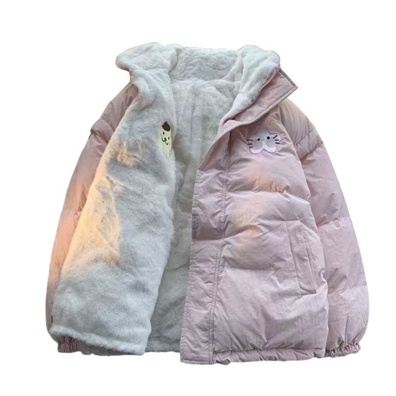 可爱少女日系粉色双面穿棉服外套加厚棉衣棉袄立领百搭冬季羊羔毛