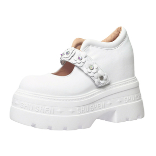 14cm真皮内增高小白鞋玛丽珍鞋配裙子厚底松糕女鞋浅口包头凉鞋夏