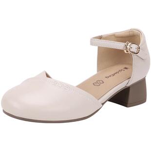 蜘蛛王真皮女鞋包头凉鞋女夏季新款粗跟中空女士浅口软底中空单鞋