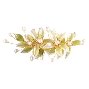 汉服古风新款旗袍发夹头饰夹子青绿色琉璃花朵古装精美少女日常