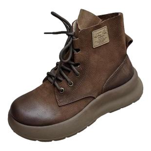 真皮厚底马丁靴女2025新款秋冬牛皮鞋复古休闲时尚擦色系带短靴