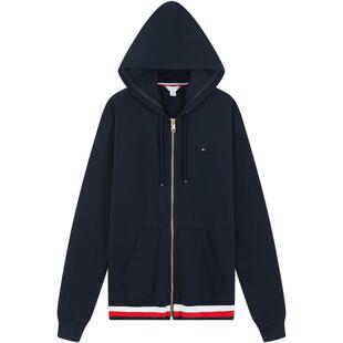 Tommy26秋冬新款女装纯棉休闲通勤运动拼色条纹连帽开衫卫衣外套