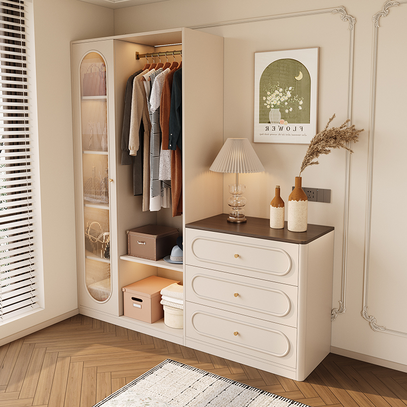 复古奶油风卧室家用衣柜梳妆台储物柜床头柜一体组合衣帽架大衣柜