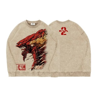 TEE7-日系动漫EVA明日香二号机勇气新生水洗做旧复古纯棉圆领卫衣