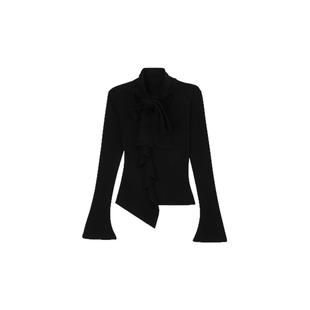 PAPERLLL辛间设计感荷叶边飘带抓毛长袖上衣女新款内搭T恤打底衫