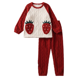 睡衣秋冬款女珊瑚绒加绒加厚红色法兰绒冬天草莓家居服女款秋冬季