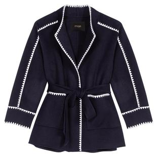 季末7折Maje2025秋冬女装羊毛混纺撞色系带短款收腰毛呢大衣外套