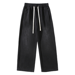 马切达冬季加绒黑色男士保暖休闲裤阔腿显瘦直筒长裤复古潮流裤子