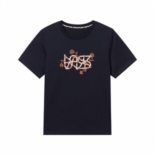 Aquascutum/雅格狮丹春夏新品女花卉字母印花纯棉圆领短袖T恤气质