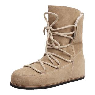 4.5cm内增高羊皮毛一体雪地靴女冬季加绒加厚棉鞋系带保暖短靴子