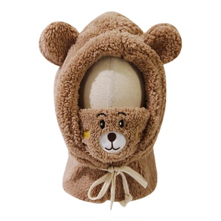 小熊帽子冬天可爱围巾口罩一体护耳帽冬季毛绒围脖连帽女防风保暖