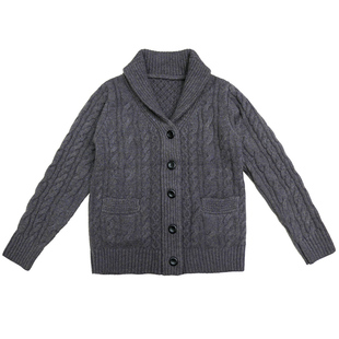 纯羊毛青果领棒针毛衣美式休闲男修身复古麻花粗针织加厚外套开衫