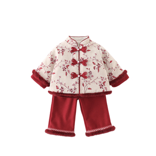 法国Miscrk冬季新款女童中国风盘口套装加厚保暖洋气拜年服两件套
