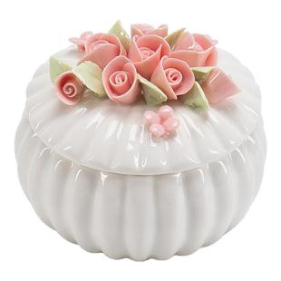丰白陶瓷手捏花饰品盒粉色玫瑰收纳盒戒指项链耳环桌面梳妆台摆件