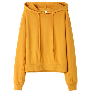 黄色短款连带帽子卫衣女春秋小个子中年妈妈修身精梳棉素版打底衫