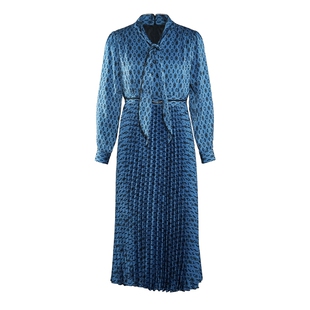 马天奴2026春夏新款蓝色印花飘带领长袖收腰连衣裙子气质时尚通勤