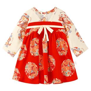 龙喜年周岁女宝礼服红色纯棉百天宴抓周裙子中式汉服国风衣服冬装