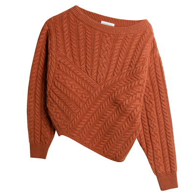 粗支纯羊毛斜肩针织套头衫