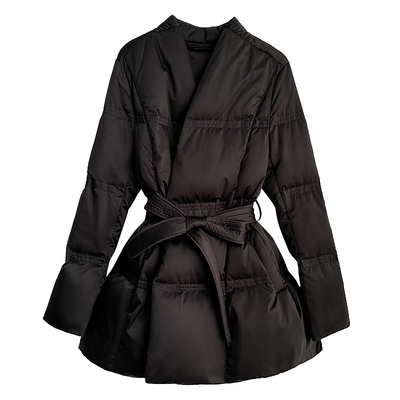 2025冬高端设计感黑色羽绒服女中长款修身白鹅绒名模收腰时尚外套