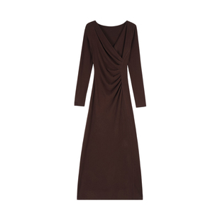 pusumede浪漫风信 优雅性感深V连衣裙女收腰显瘦褶皱内搭包臀长裙