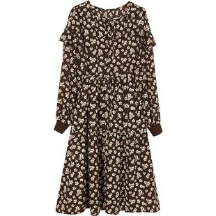 Oece秋冬季新款女装复古碎花裙法式裙子长袖连衣裙春秋