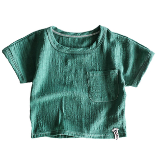 日系复古儿童短袖t恤 宝宝薄款竹节棉纱半袖上衣透气纹理棉麻风