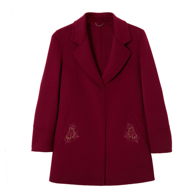 双面羊绒短款立领刺绣毛呢大衣
