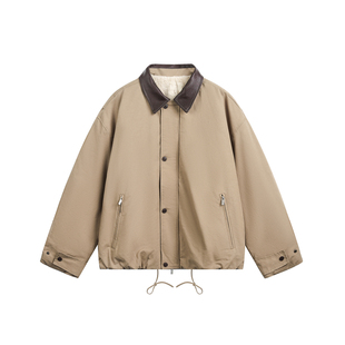 PU皮翻领巴恩风卡其短款棉服男生2025冬季设计感加厚保暖棉衣外套