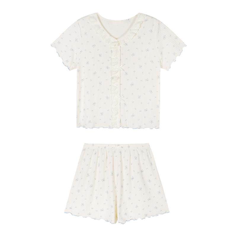 馨帮帮Homedress 法式蕾丝花边小熊睡衣女夏季亲肤透气短袖家居服