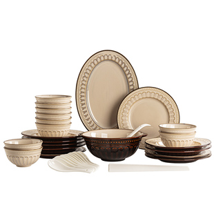 美式复古碗碟套装家用2025新款创意饭碗平盘陶瓷西餐盘餐具乔迁