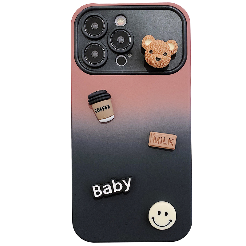 渐变撞色咖啡熊适用iphone14/15pro苹果16promax手机壳11立体12pro小众13大视窗全包硅胶液态肤感