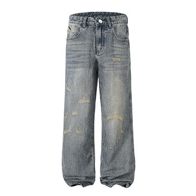 VIISHOW美式复古水洗做旧破洞牛仔裤男潮牌高街阔腿裤vibe弯刀裤