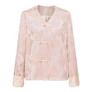 GARGA新中式国风粉红色提花v领外套女高级感宽松盘扣短款衬衫上衣