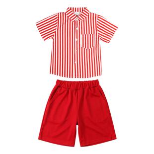 男女童校服套装2026夏季幼儿园服红色条纹背带裙裤儿童毕业演出服