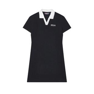 FILA斐乐女子针织连衣裙女夏季时尚休闲撞色V领气质女装翻领裙子