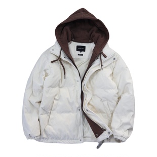 大学生假两件米色大码保暖羽绒服外套青年加厚防寒防风连帽羽绒服