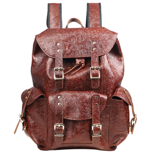 国风唐草牛皮伞兵双肩包男士手工复古真皮背包大容量旅行电脑包潮